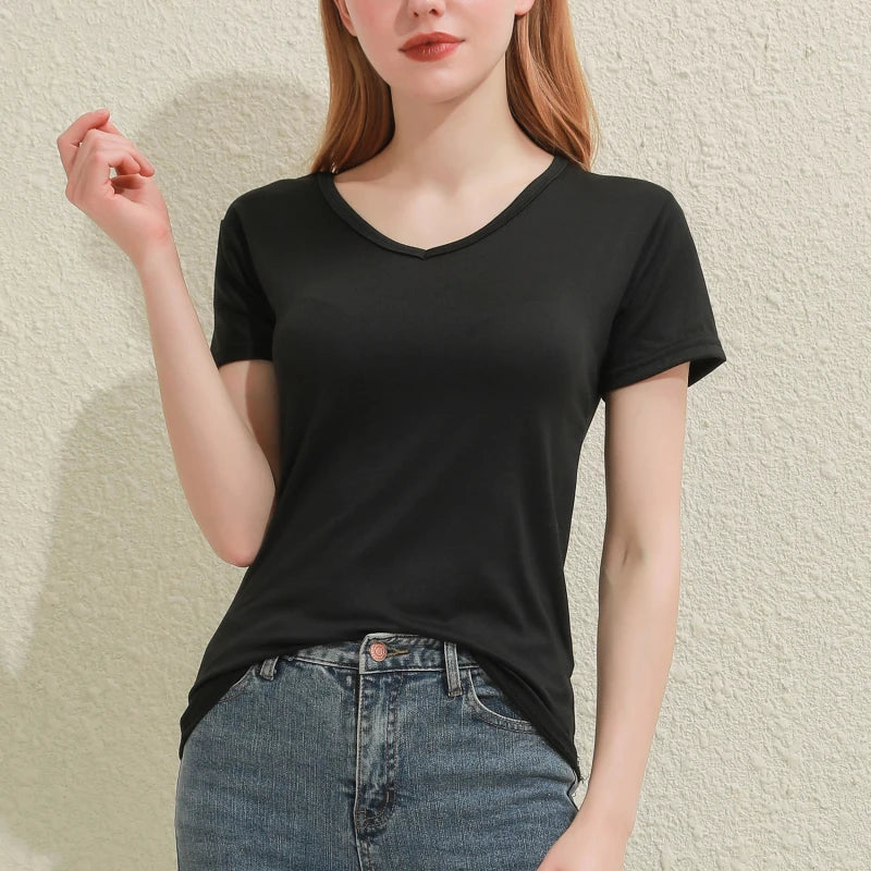 Solid Women Cotton T Shirt V Neck Short Sleeve Female Tee Slim White And Balck T Shirt Casual Solid Lady Tshirt Tops - White V-Neck M