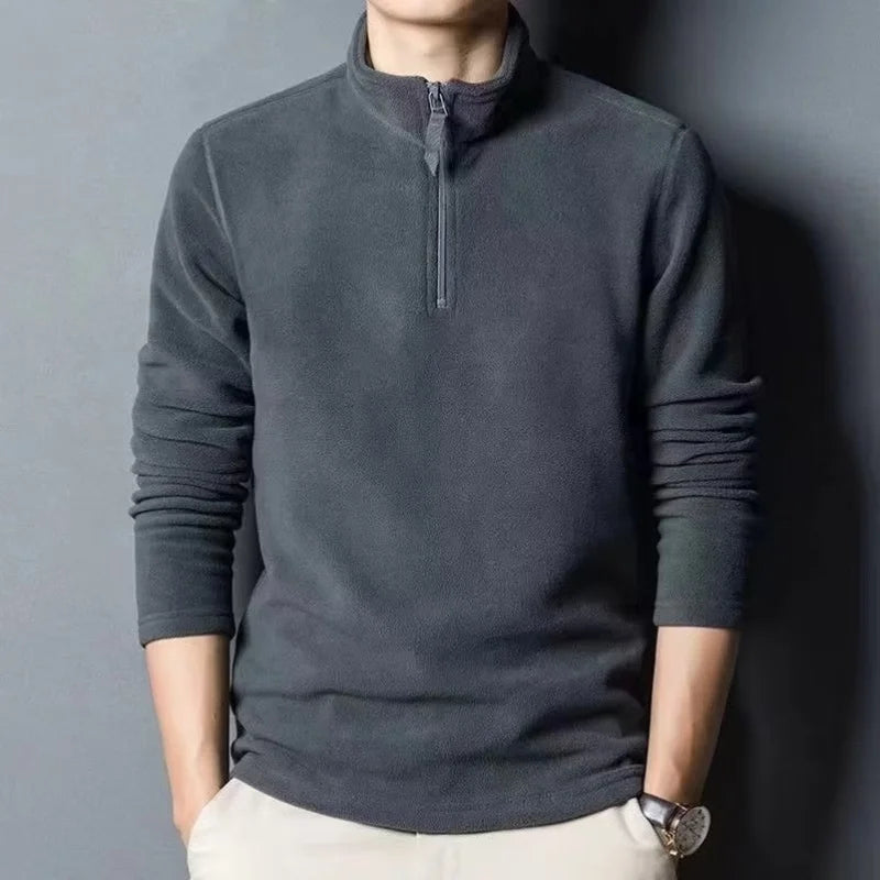 Outono Inverno Novas Camisas Polo Quentes Masculinas Lã de Cordeiro Moletom Gola Alta Meio Zíper Manga Longa Moda Versátil Camisetas Masculinas Tops