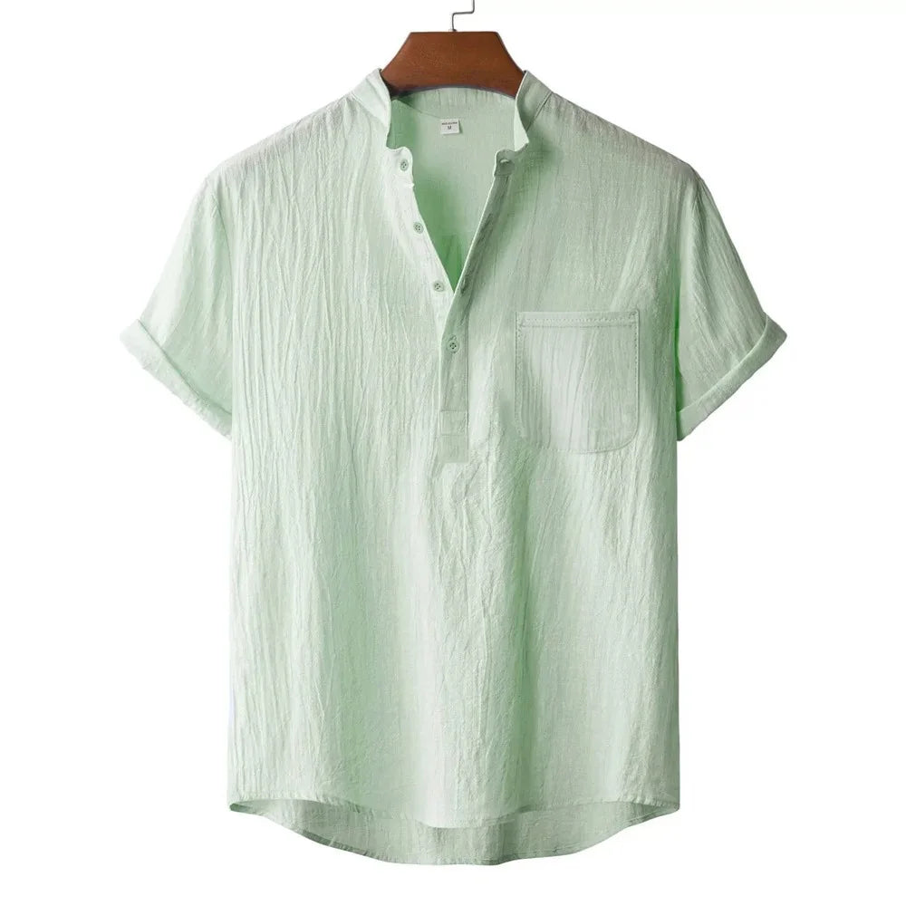Camiseta Masculina de Verão em Algodão e Linho Estilo Praia Manga Curta Gola Henley Férias Havaí Casual Leve Respirável Confortável
