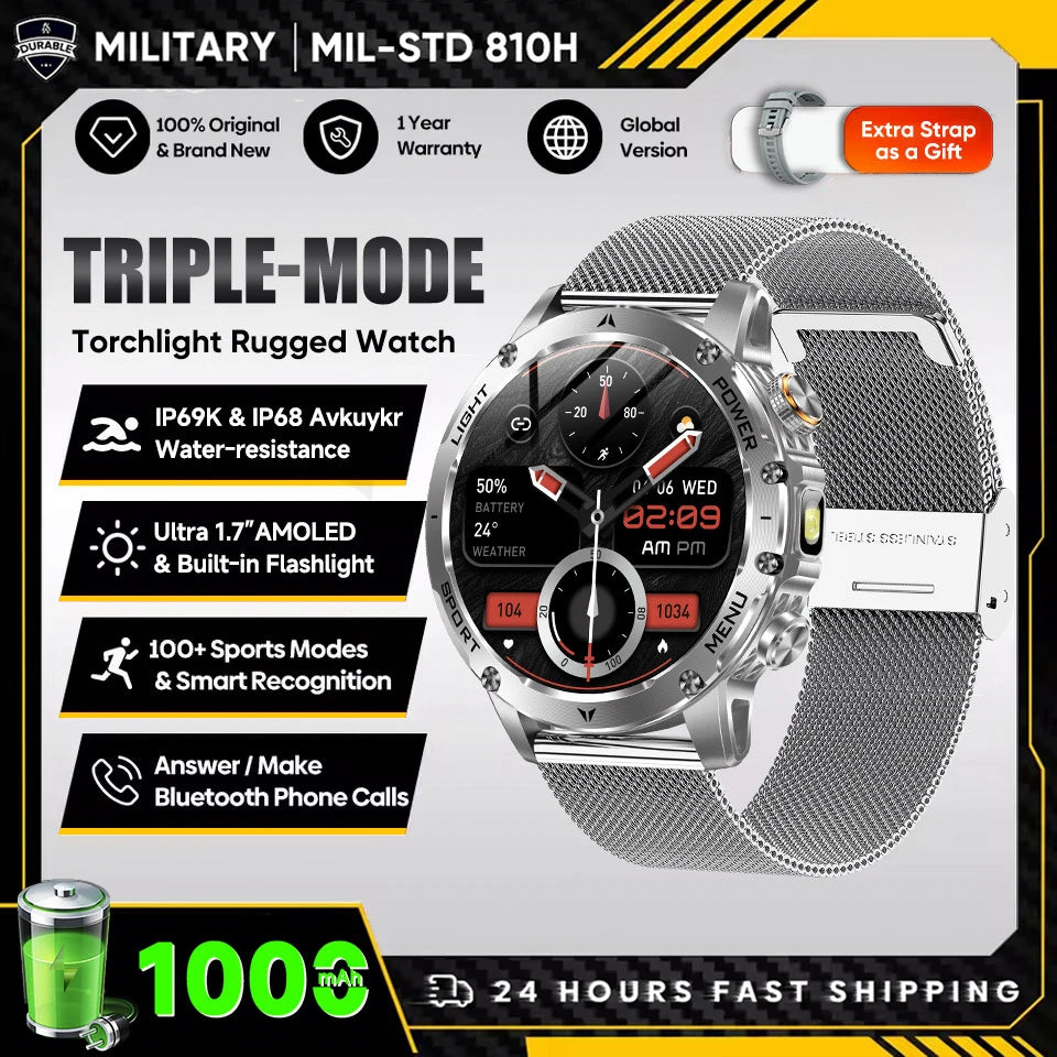 2025 Novo Smartwatch Militar T-Rex 3 Ultra Bateria de 1000mAh 5ATM À Prova D'água Lanterna Monitor Cardíaco Rastreador Esportivo Smartwatch Masculino