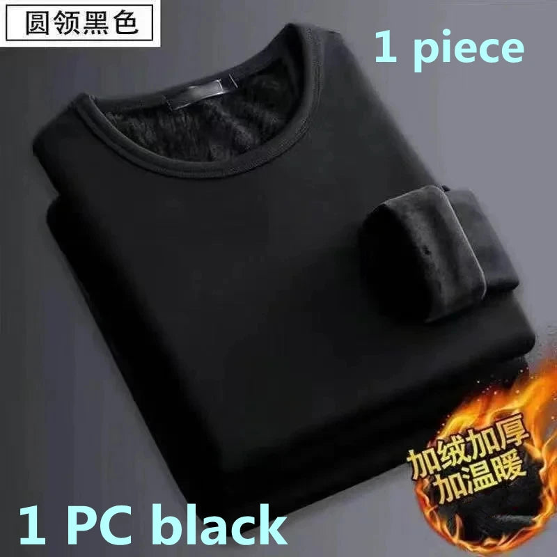 2 Peças Cueca Masculina Inverno Camiseta Térmica de Manga Comprida Acolchoada de Veludo Gola Redonda Cor Sólida Blusa de Baixo Fina