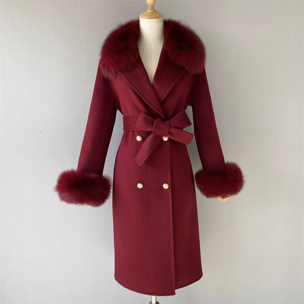 Jxwatcher Cashmere Lã Casaco Primavera Real Fox Colarinho Casaco de Lã de Trincheira Mulheres Inverno Casaco Quente Venda Longo Estilo Casacos de Lã
