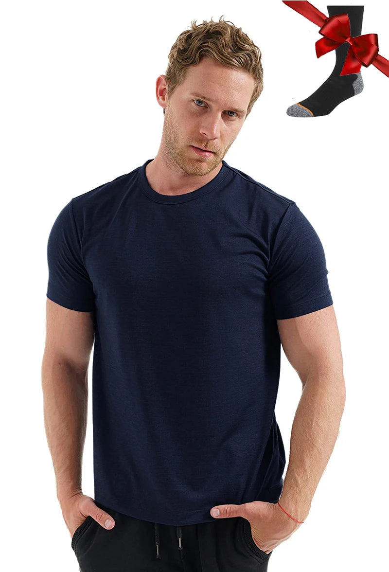 Camiseta Masculina 100% Lã Merino Super Fina Camada Base de Lã Merino que Absorve a Umidade Respirável de Secagem Rápida Antiodor + Meias de Lã Merino