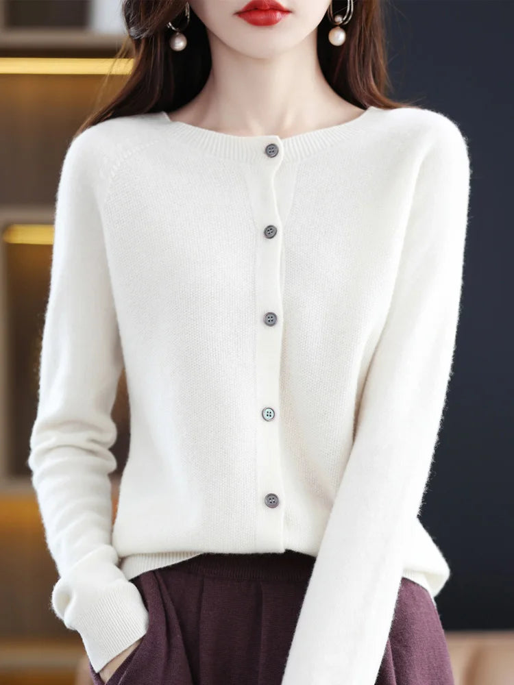 Suéter Feminino de Cashmere 100% Lã Merino Cardigã de Malha Outono Inverno Malharia Gola Redonda Feminina Cor Sólida Casual Top de Moda