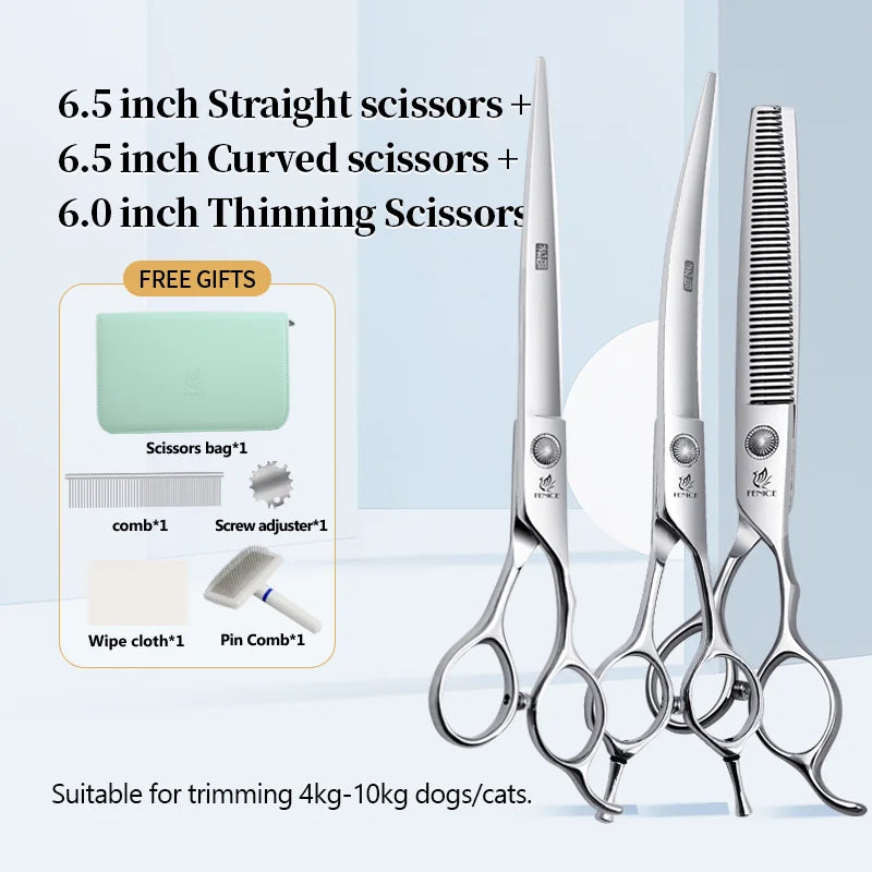 Conjunto Profissional de Tosas Domésticas para Animais de Estimação Fenice Tesouras Retas Curvas de Desbaste e Tosa de 6/6,5/7/7,5 Polegadas com Parafuso de Rolamento para Cães/Gatos