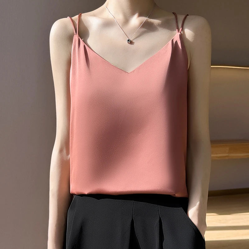 2026 Alça Fina Regata Feminina Frente Única Gola V Básico Branco Camisa Sem Mangas Cetim Seda Blusas Femininas Verão Camisola Cropped Top - preto P