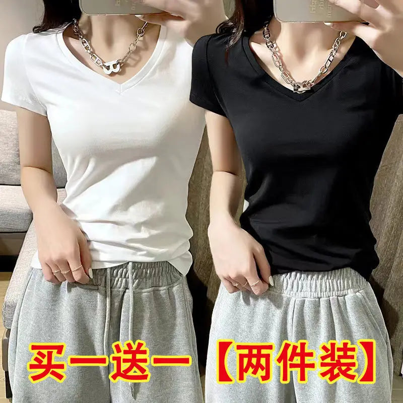 Summer Womens Slim Fit Short Sleeve T Shirt Half Sleeve Base Shirt Versatile Base Layer Top Quality Polyester Fiber Commute - M V white + v white [2-pack]