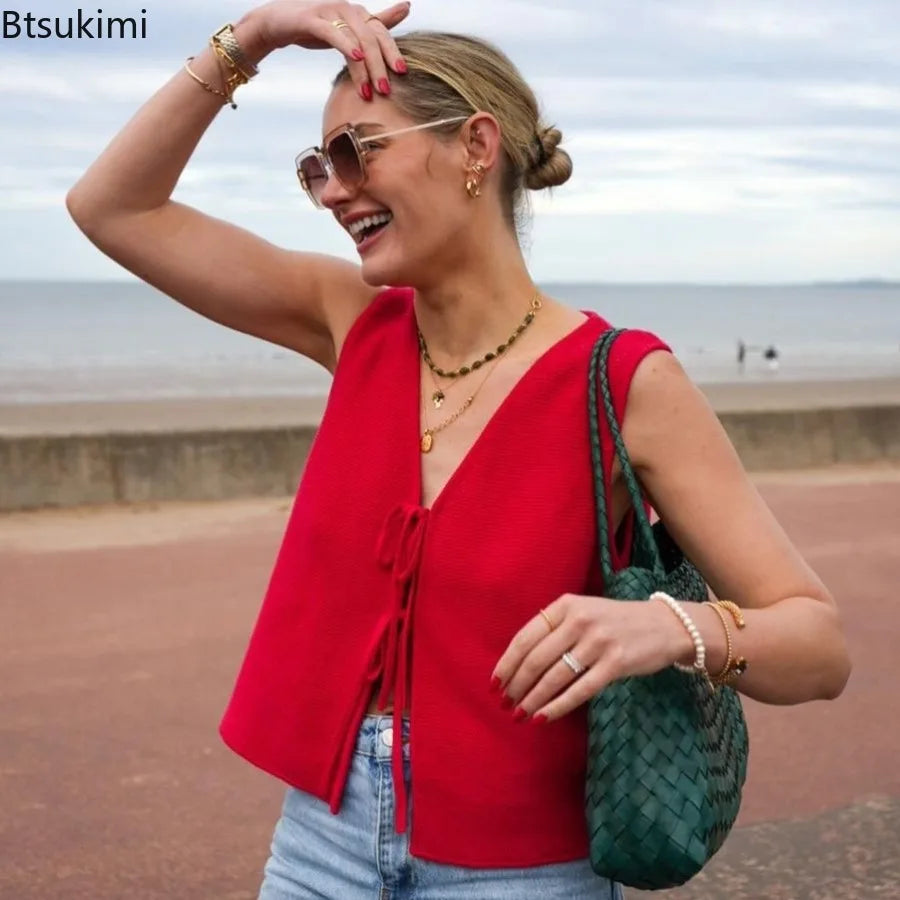 Colete Suéter Tricotado Casual Com Cadarço Top Feminino Sem Mangas Decote V Profundo Vazado Top Feminino Fashion Colete Feminino Folgado Versátil