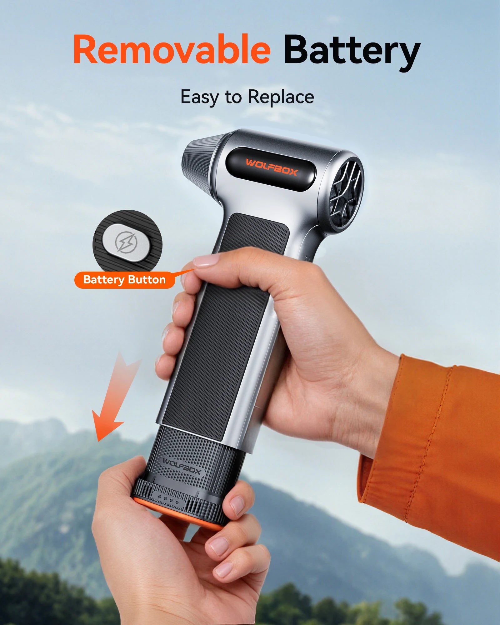 WOLFBOX MF200 Espanador de Ar Elétrico Soprador de Ar - Pressão do Vento de 320g, Motor sem Escovas Recarregável de 3 Velocidades para Carro/PC/Casa/Exterior