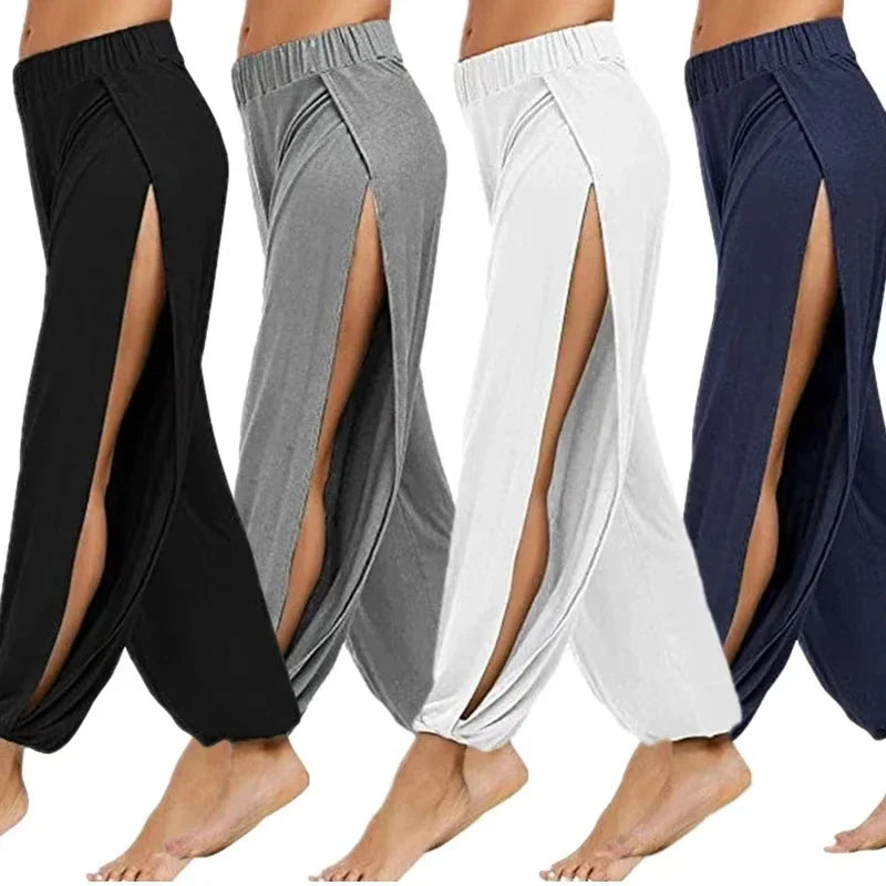 Calça Feminina Harem de Ioga com Fenda de Cintura Alta e Perna Larga Calça Legging de Academia Casual Sólida Vazada para Treino Calça para Academia e Uso Doméstico