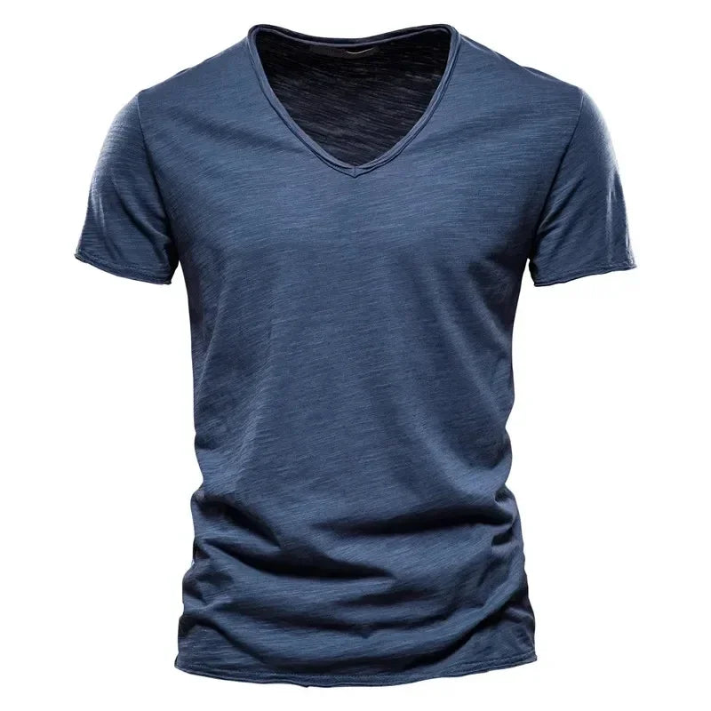Men's 100% Cotton V-Neck T-Shirt Slim Fit Short Sleeve Fashion Fitness Tee S-5XL