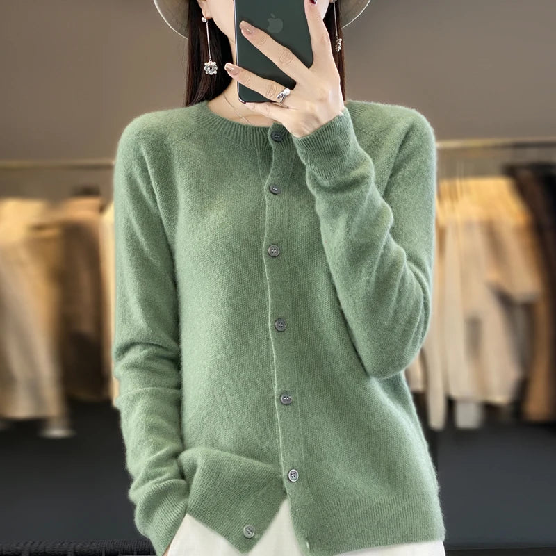 Cardigã Feminino de Lã Merino 100% Cashmere, Suéter para Outono Inverno, Gola Redonda, Manga Longa, Malha Feminina, Roupas Básicas, Blusas - Shumei XXL