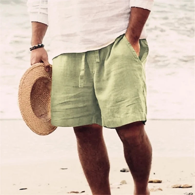 2025 Nova Coleção de Verão Masculina, Shorts Casuais de Algodão e Linho Respiráveis, Calças de Praia Estilo Havaiano, Cor Sólida, Soltas e Versáteis, Moda Streetwear Masculina
