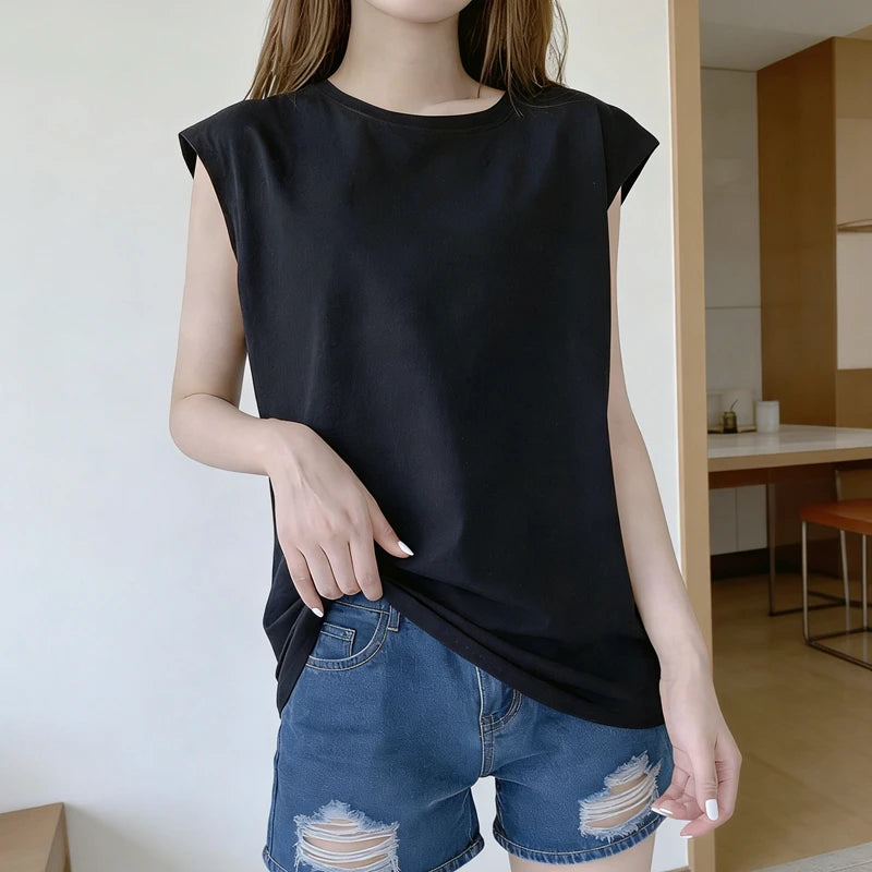 Regata Feminina Solta Sem Mangas Casual Verão Colete Básico Diário Camiseta Estilo Doce Adequado Para Estudantes Elástico Macio Roupa Feminina - preto M