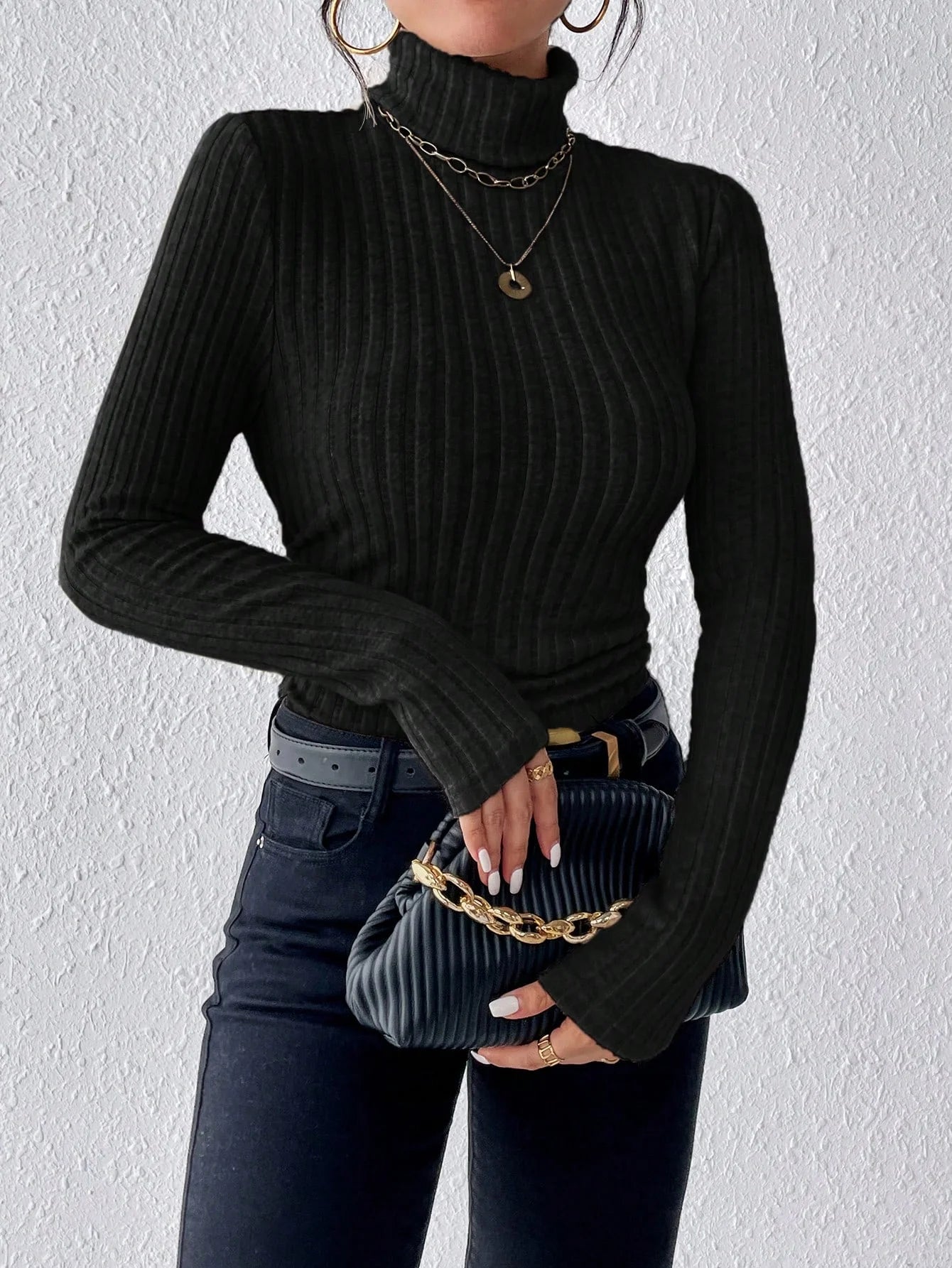Blusa de malha canelada escovada de manga comprida, gola alta, cor sólida, casual e elegante, para outono e inverno