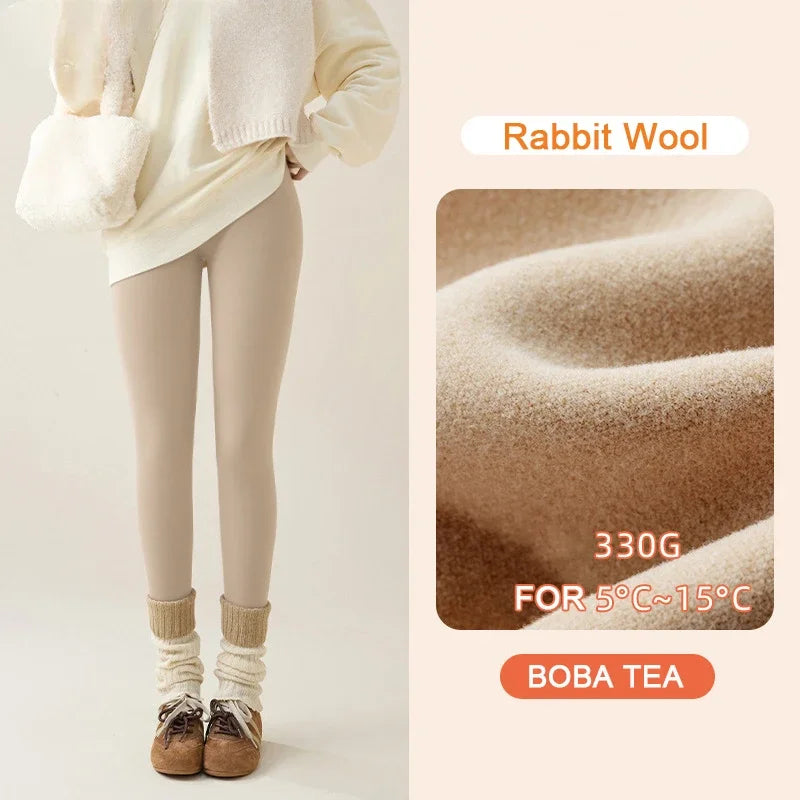 New Autumn Winter Rabbit Fleece Sharkskin Leggings Women Casual Basic Thicken Warm Leggings Brown Fleece Lined Tights - Boba Tea S