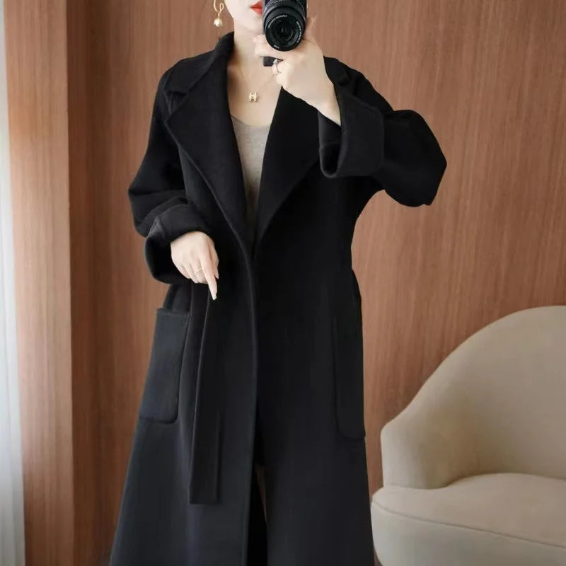 2024 Moda Feminina Casaco 100% Lã Outono/Inverno Elegante Casaco de Caxemira Dupla Face com Cinto Longo