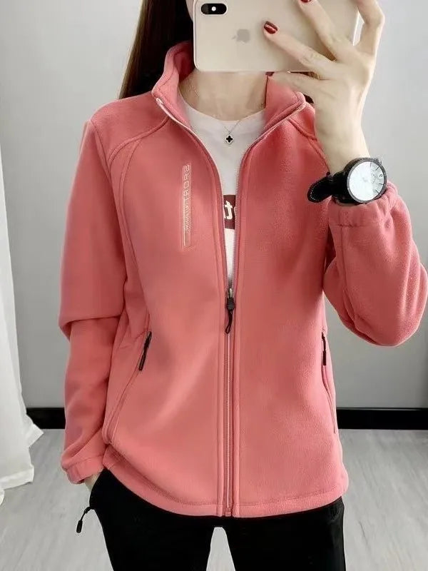 Jaqueta Feminina de Outono Inverno de Lã Grossa para Esportes ao Ar Livre Gola Alta Cardigã de Moletom Suave Pelúcia Quente