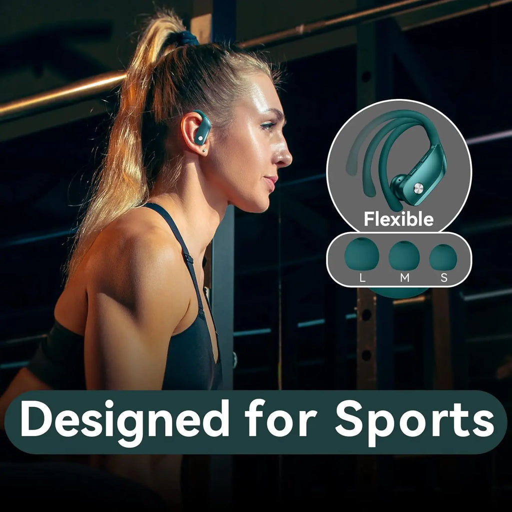 Fones de Ouvido Sem Fio Bluetooth com 80H de Reprodução Estojo com Display LED, Gancho sobre a Orelha com Microfone, Som Estéreo