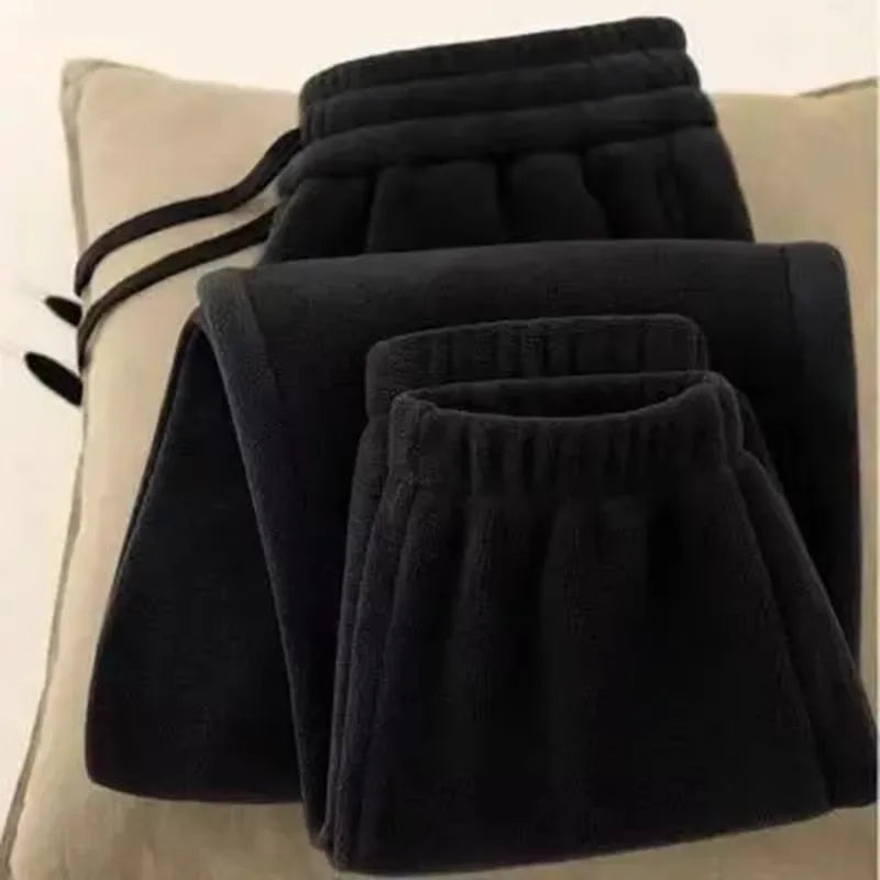 Calças Esportivas Femininas de Inverno Dupla Face com Forro Grosso Coreanas Elegantes Calças Compridas de Viagem Calças Casuais de Fibra de Poliéster