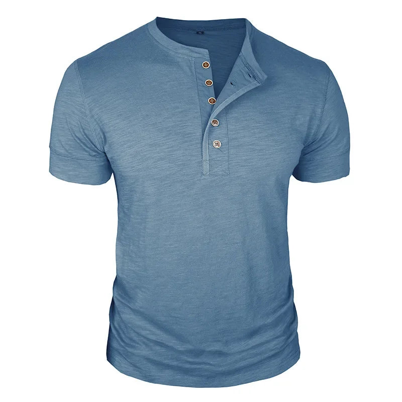 Camisetas masculinas de verão europeias e americanas, camisa Henley de algodão masculina de manga curta, camiseta masculina casual de gola redonda