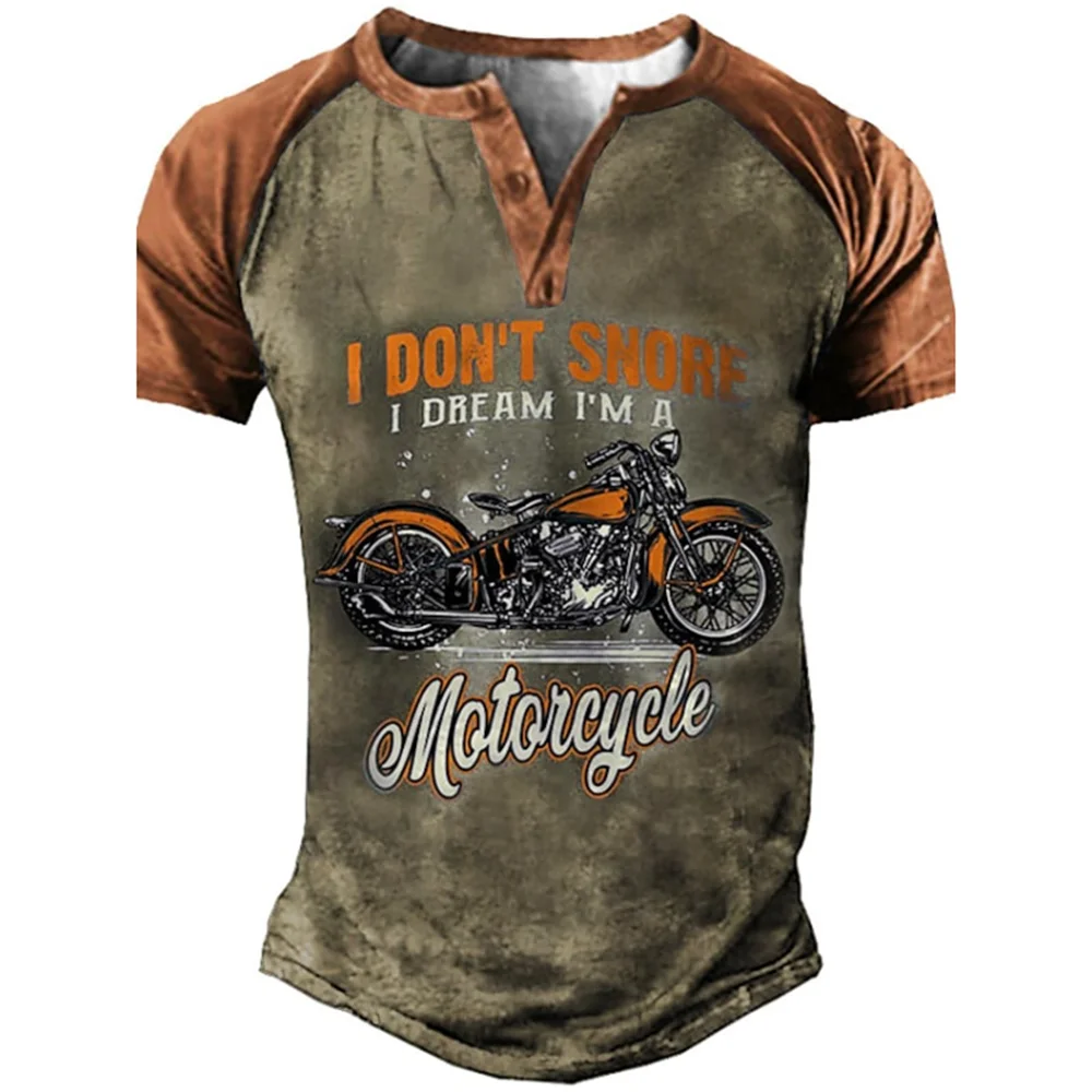 Motorcycle Impressão 3D Vintage Henley Camisas Masculinas Casuais Moda Streetwear Superdimensionada Camiseta Manga Curta Masculina Tops Roupas