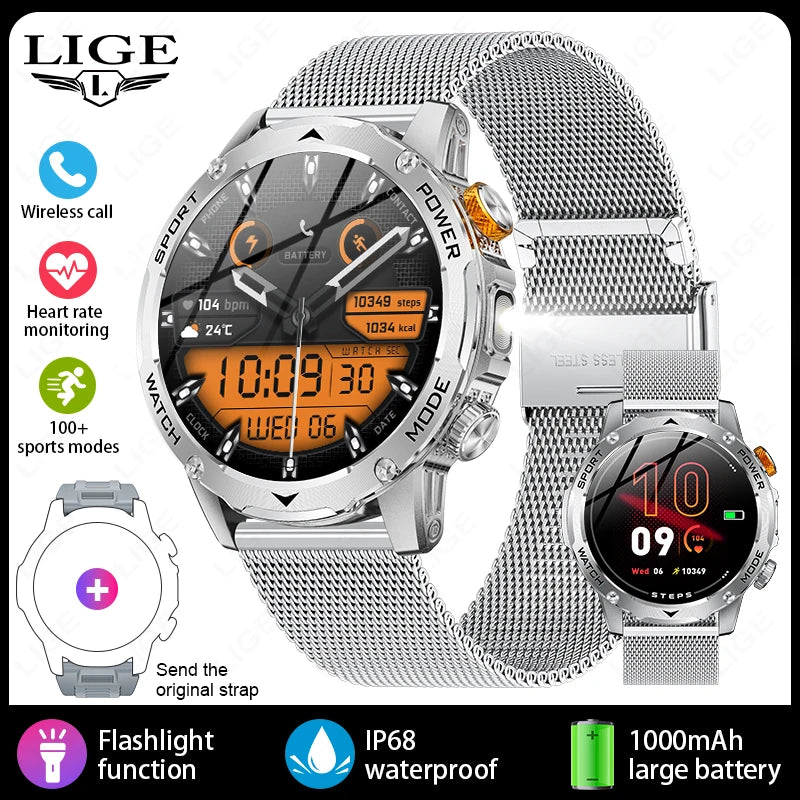 LIGE Novo Smartwatch Masculino Bateria de Grande Capacidade 1000mAh Lanterna Externa Chamada Bluetooth À Prova D'água Esportivo Fitness Smartwatch