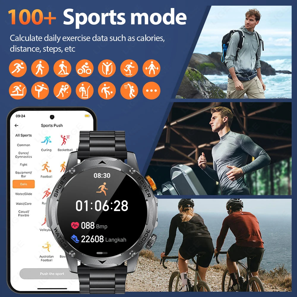 LIGE Novo Smartwatch Masculino Bateria de Grande Capacidade 1000mAh Lanterna Externa Chamada Bluetooth À Prova D'água Esportivo Fitness Smartwatch
