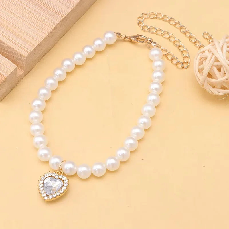 Pet Rhinestone Collar Adjustable Cat Princess Pendant Pearl Necklace Dog Sweet Decorations Puppy Gem Jewelry Accesorios