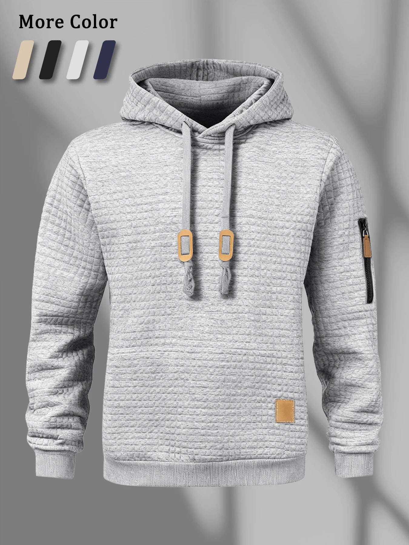 Moletom Masculino de Outono com Capuz Padrão Waffle Manga Longa Cor Sólida Casual Quente Pulôver Esportivo Masculino para Ar Livre