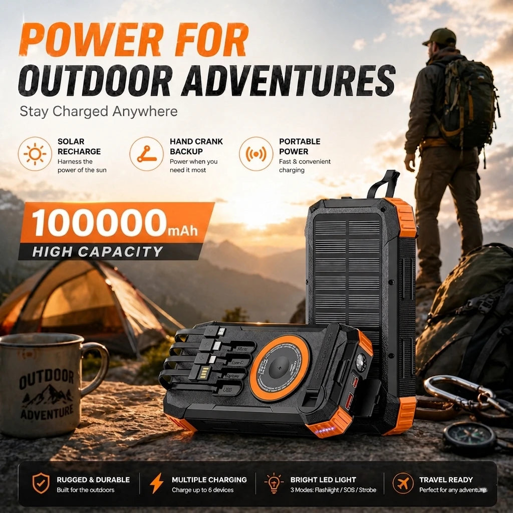 Solar Power Bank 100000mAh Wireless Fast Charging Portable Built-in Cables