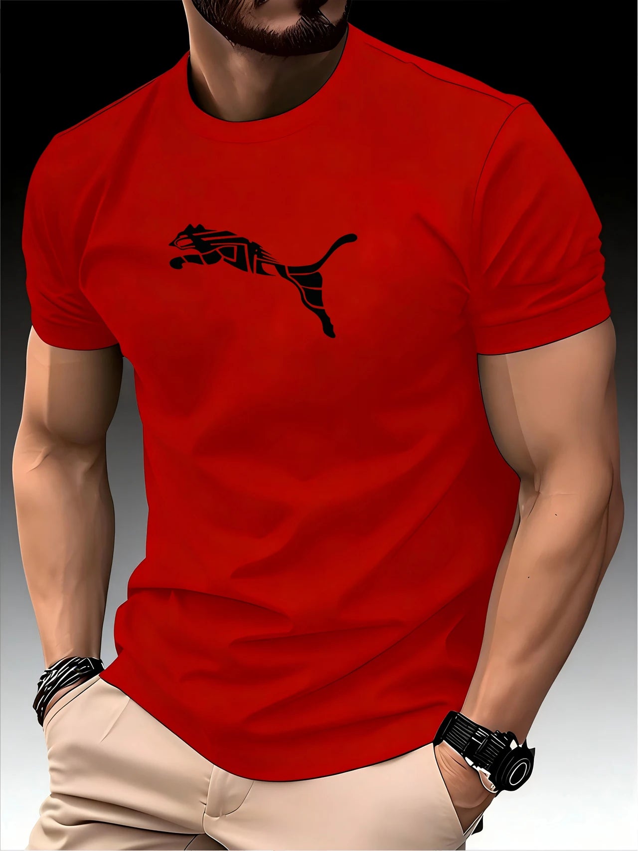 Camiseta Masculina Estampa Leopardo Raposa Gola Redonda Casual Estilo Y2K Fitness Esportiva
