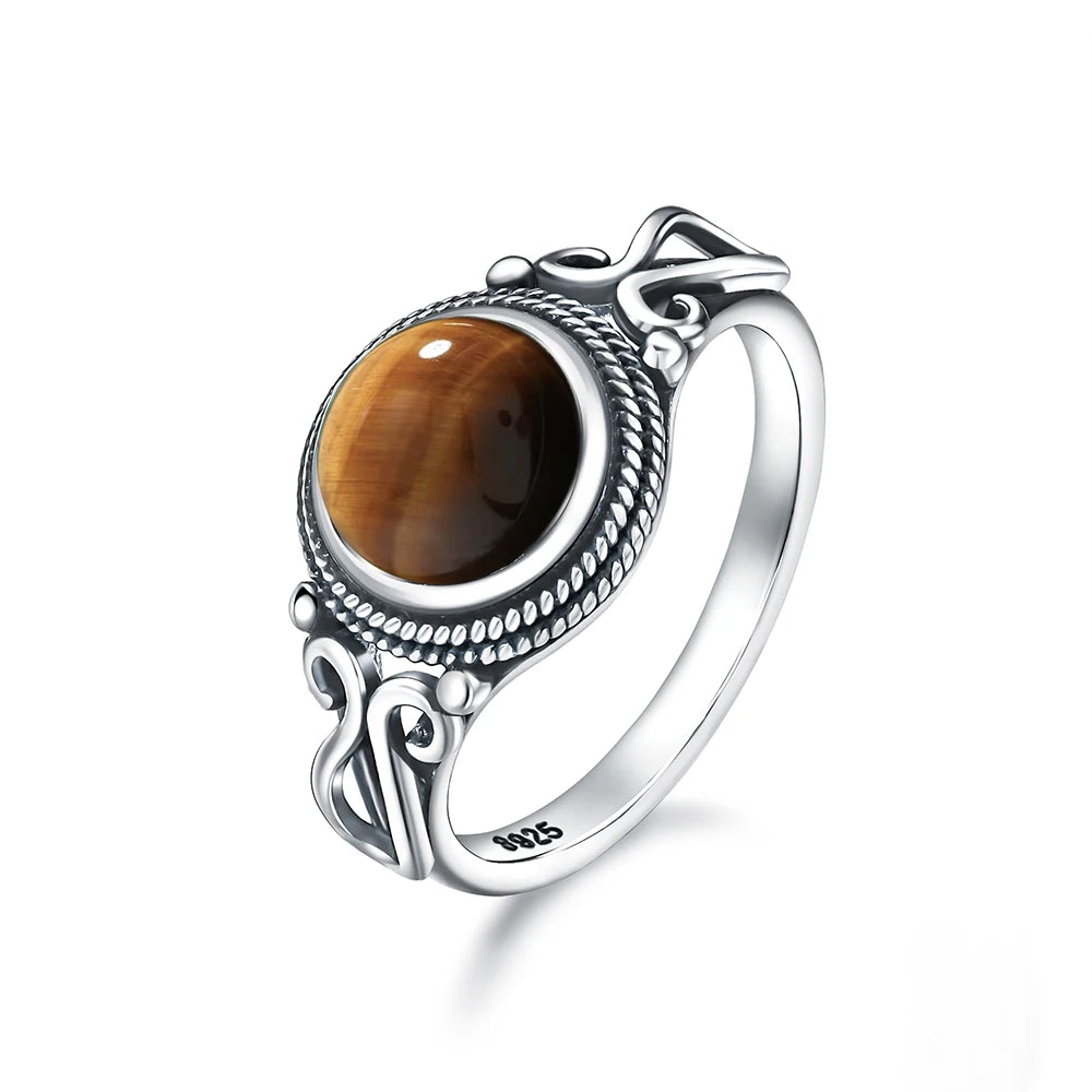 Anel Vintage de Prata Esterlina 925 com Pedra Labradorita Natural Redonda de 8MM Forte Brilho Anel de Pedra Preciosa Presente para Mulheres e Homens