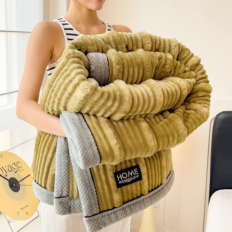 Imitation Rabbit Plush Striped Spring Autumn Warm Blankets Soft Fluffy Warmth Sofa Blankets for Throw Napping Shawl Blanket Leg