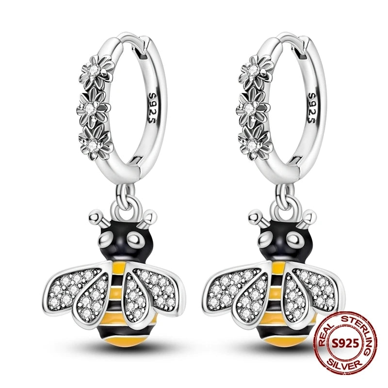 Lucky Clover Earrings 925 Silver Original Zircon Butterfly Dragonfly Chameleons Bee Flower Earrings For Women Jewelry Gift
