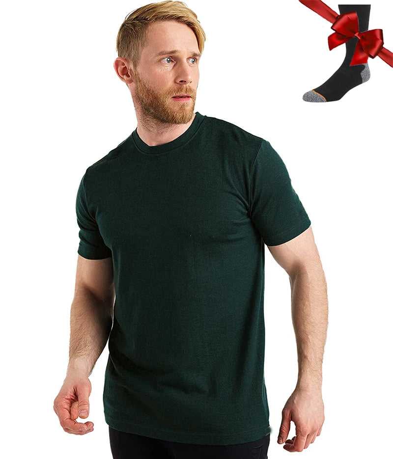 Camiseta Masculina 100% Lã Merino Super Fina Camada Base de Lã Merino que Absorve a Umidade Respirável de Secagem Rápida Antiodor + Meias de Lã Merino