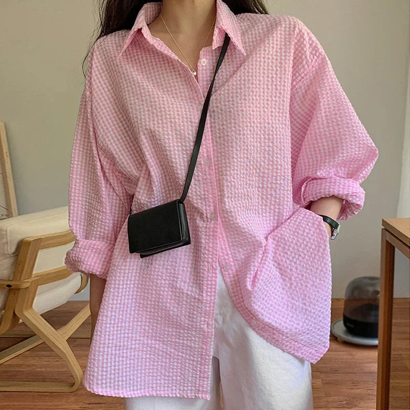 Camisa Feminina Coreana Protetor Solar Manga Longa Verão Feminina Solta Casual Xadrez Gola Virada Abotoamento Simples