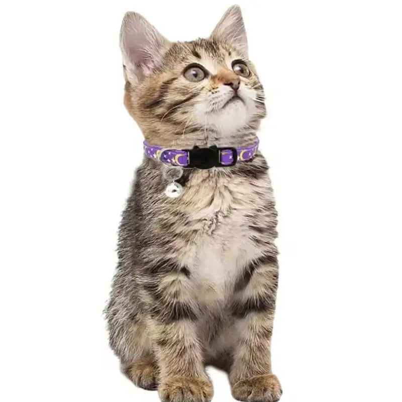 Coleira de Gato Estrelas Douradas e Lua com Fivela de Segurança Refletiva e Sino Ajustável para Gatos e Cães Pequenos