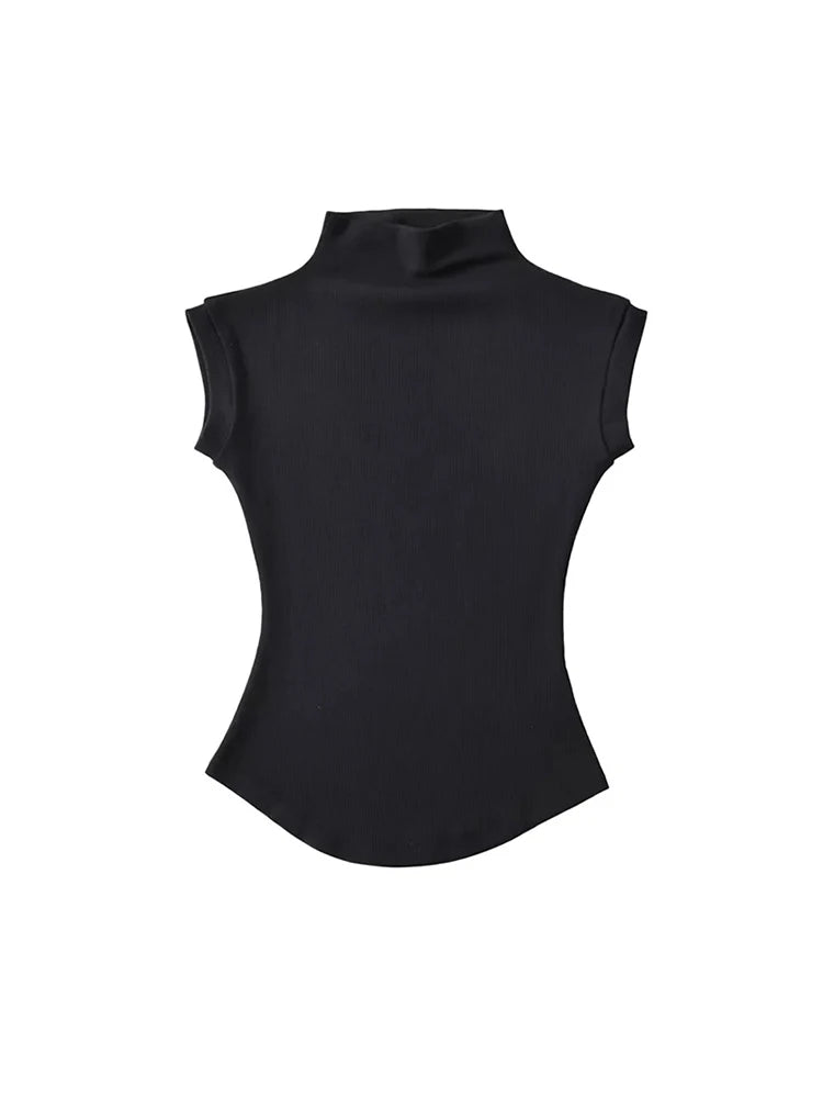 Mulheres Verão Sexy Gola Alta Regata Blusas Sólida Slim Fit Pulôver Casual Camisetas Femininas Streetwear Básicas - preto L
