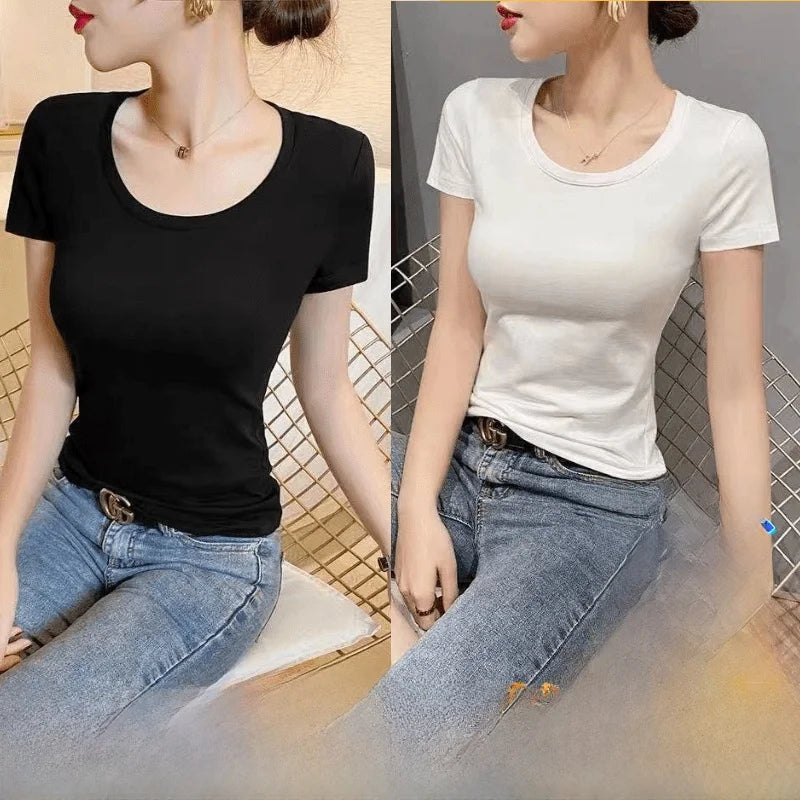 Summer Womens Slim Fit Short Sleeve T Shirt Half Sleeve Base Shirt Versatile Base Layer Top Quality Polyester Fiber Commute - M V white + v white [2-pack]