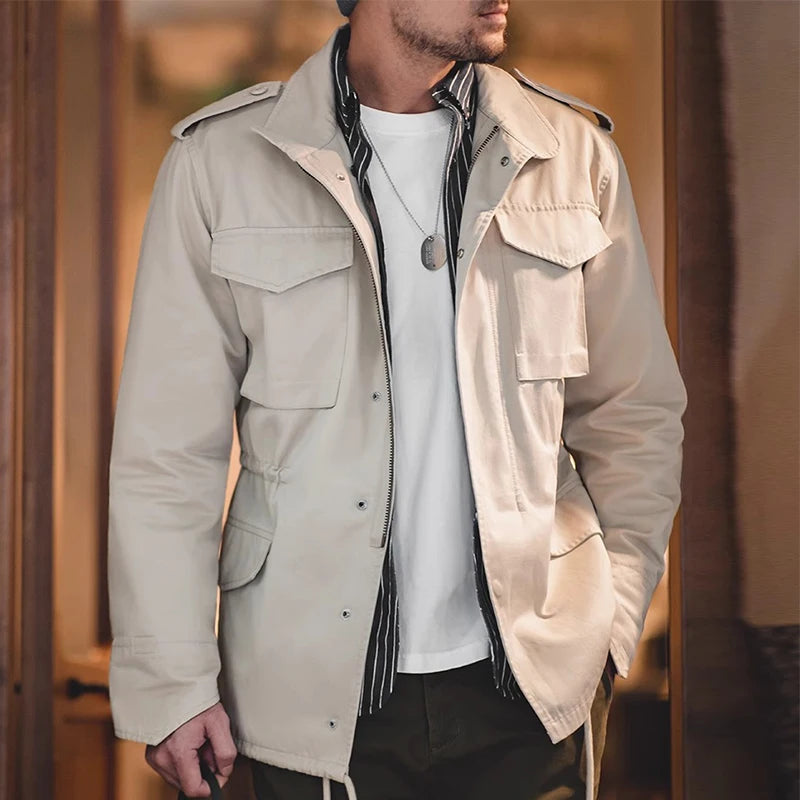 Jaqueta M65 Field, Jaqueta Militar Masculina, Jaqueta Retrô Multi Bolsos com Zíper e Gola, 100% Algodão