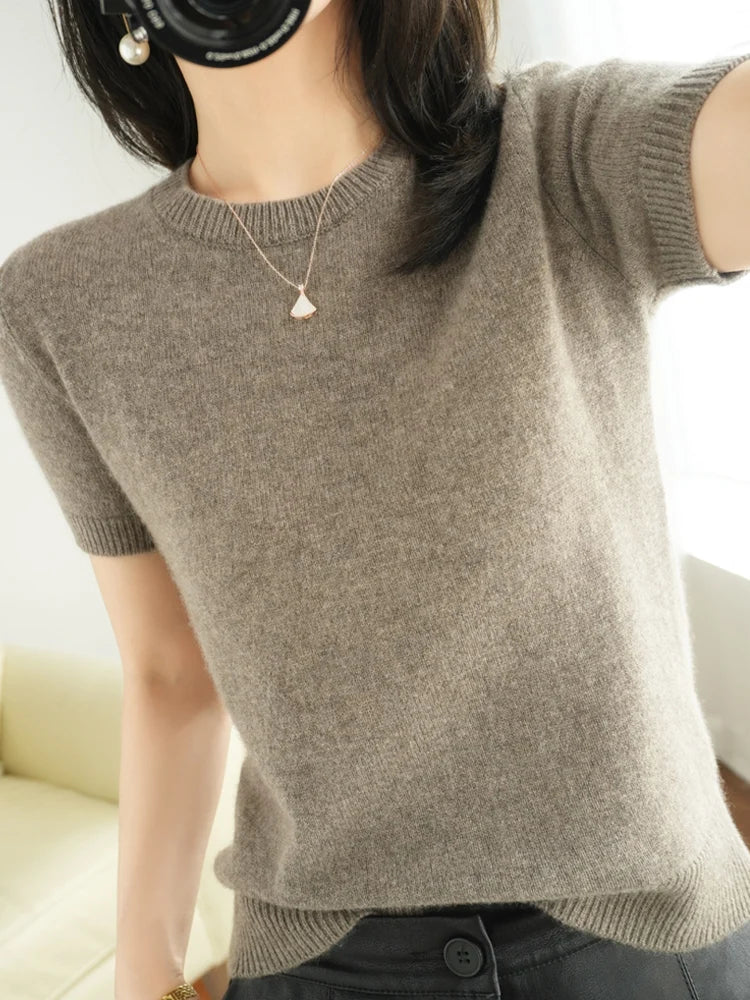 Summer New Loose Short Sleeve Knitted Woolen T Shirt Womens Thin Cotton V Neck Half Sleeve Top Outerwear Commute Style 1 - Xl Pink