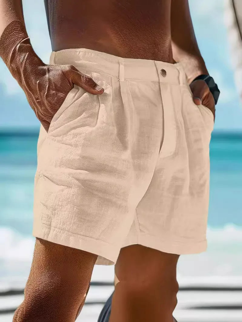 Bermuda Masculina Algodão e Linho 2026 de Verão, Cor Sólida, Casual, Botão, Bolso, Praia, Confortável, Simples, Férias, Lazer