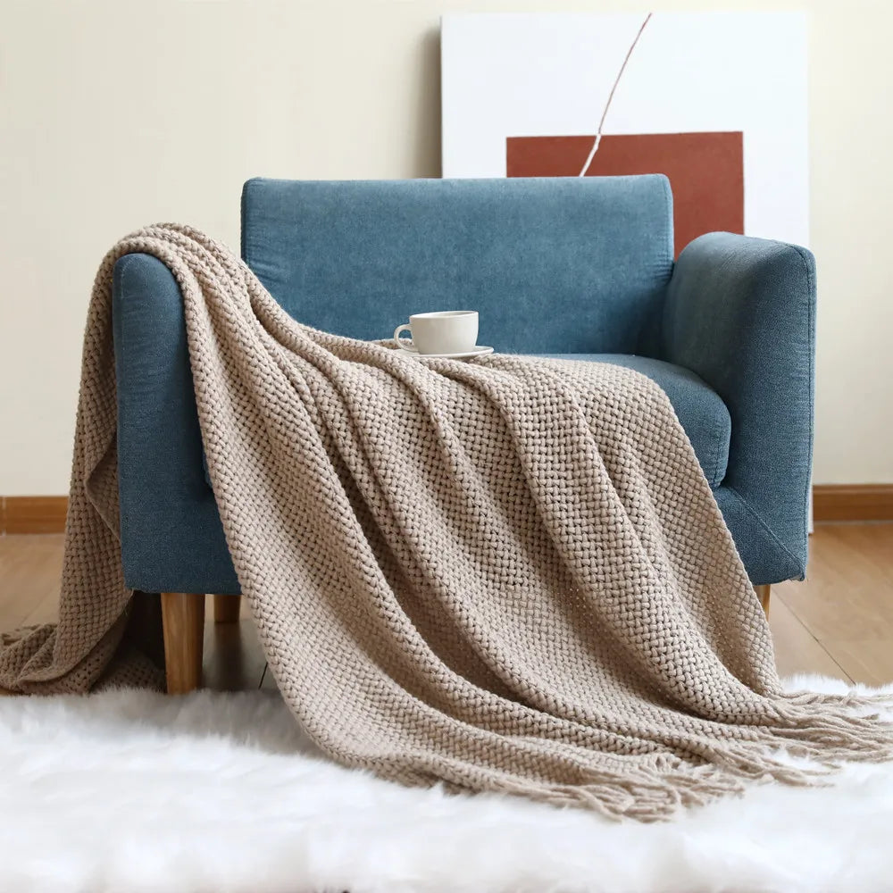 Cable Knit Khaki Throw Blanket Lightweight Knitted Jacquard Throw Blanket for Couch, Sofa, Bed, Chair, Cozy Texture Farmhouse