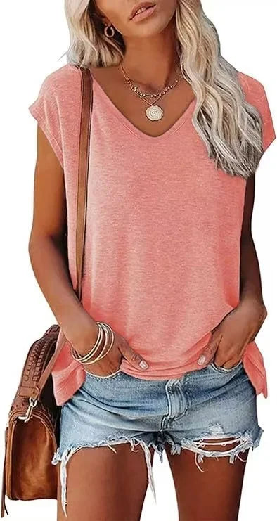 Camiseta Feminina de Verão 2026 Casual Gola V Manga Morcego Caimento Solto Básico Blusa Lisa Plus Size - Azul GGG
