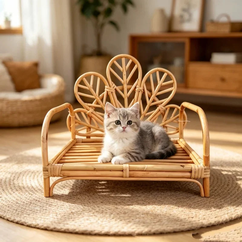 Natural Rattan Cat Sofa Bed Handwoven Cat Photography Prop Wicker Pet Bed for Indoor Cats Mini Photo Shoot Bed for Kittens