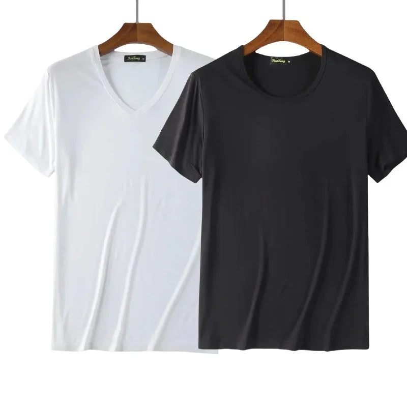 2 Pacotes de Camisetas de Fibra de Bambu com Gola Redonda Manga Curta Clássica Absorvente de Suor para Academia Masculina Regata Cor Sólida Preta Nova