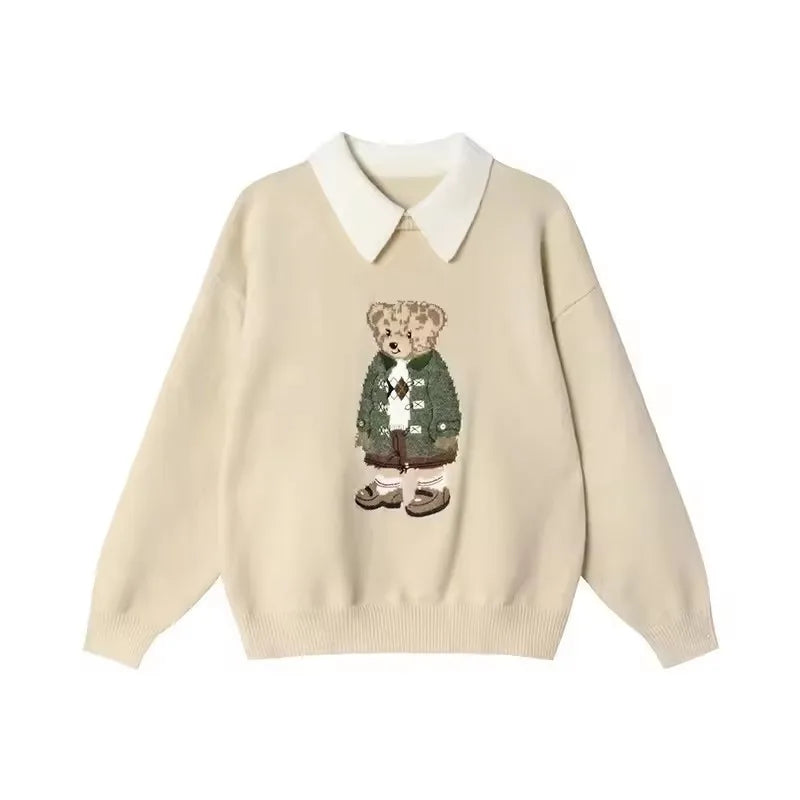 Suéter Feminino de Tricô com Urso Bordado Estilo Francês de Luxo para Mulheres Blusas Casuais de Malha Suéter Pull Femme