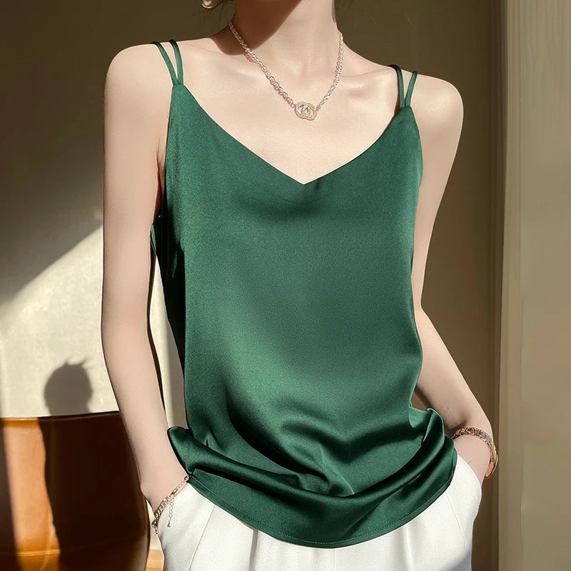 2026 Alça Fina Regata Feminina Frente Única Gola V Básico Branco Camisa Sem Mangas Cetim Seda Blusas Femininas Verão Camisola Cropped Top - preto P