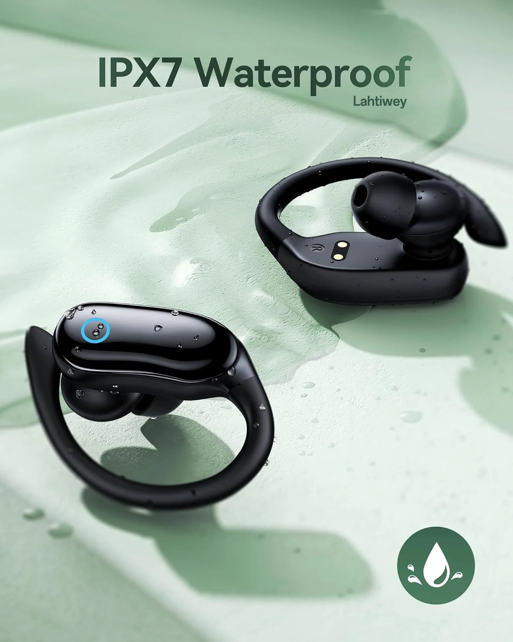 Fones de ouvido sem fio, 96 horas de reprodução, Bluetooth, fones à prova d'água IPX7, graves estéreo, over-ear, com ganchos auriculares e microfone